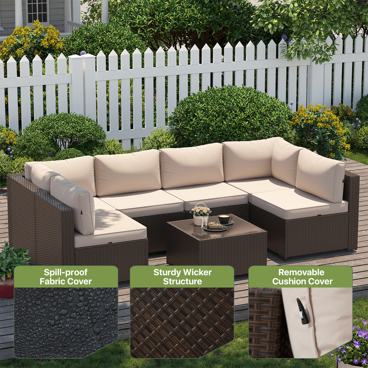 BaPiPro 7-Piece Modular All-Weather Patio Furniture Set, Brown Rattan Wicker Outdoor Sectional Sofa with Thickened Beige Cushions & Tempered Glass Coffee Table for Backyard Porch Deck Balcony