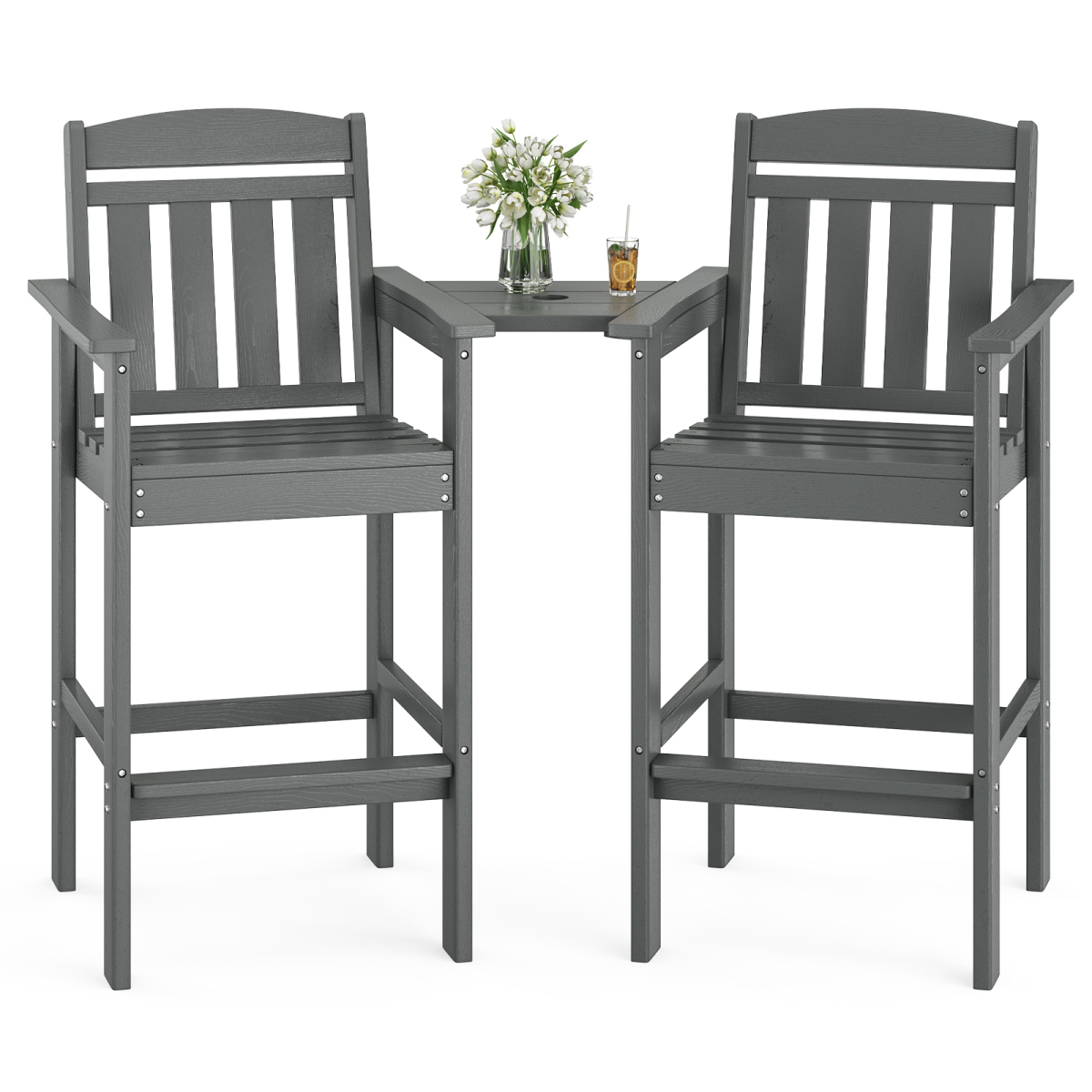 2-Pack Bar Height Adirondack Chairs - HDPE All Weather Patio Bar Stools with Connecting Tray, Ideal for Balcony, Poolside & Backyard