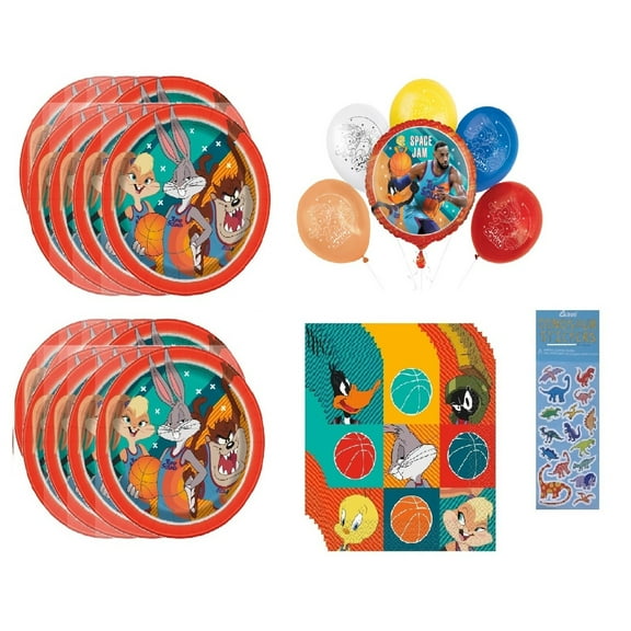 Space Jam Birthday Party Supplies Bundle for 16 includes 16 Dessert Small Plates 7",16 Napkins, 5pc Balloon Set, 1 Dinosaur Sticker Sheet