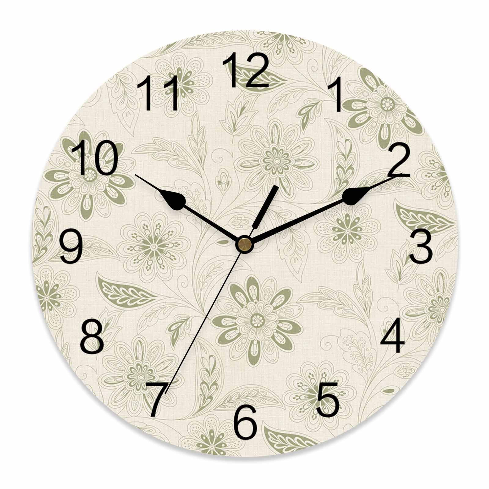 Wall Clock Sage Green Paisley Pattern Clocks PVC Silent Non-Ticking Battery Operated Decorative Boho Tribal Vintage Flowers Round Clock for Home Living Room Kitchen Bedroom Office Wall Decor 14 Inch