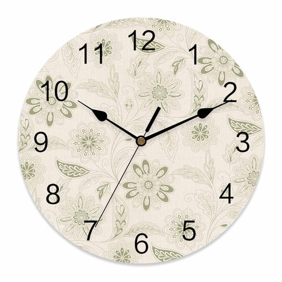Wall Clock Sage Green Paisley Pattern Clocks PVC Silent Non-Ticking Battery Operated Decorative Boho Tribal Vintage Flowers Round Clock for Home Living Room Kitchen Bedroom Office Wall Decor 14 Inch
