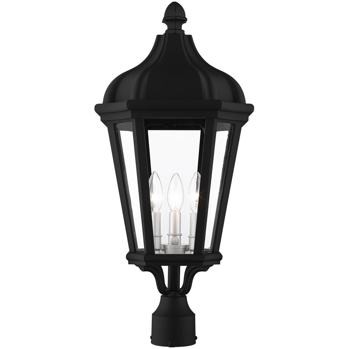 3 Light TBK Outdoor Post Top Lantern with Clear Glass Shade backed with Cast Aluminum material for patio, front porch, entryway and more