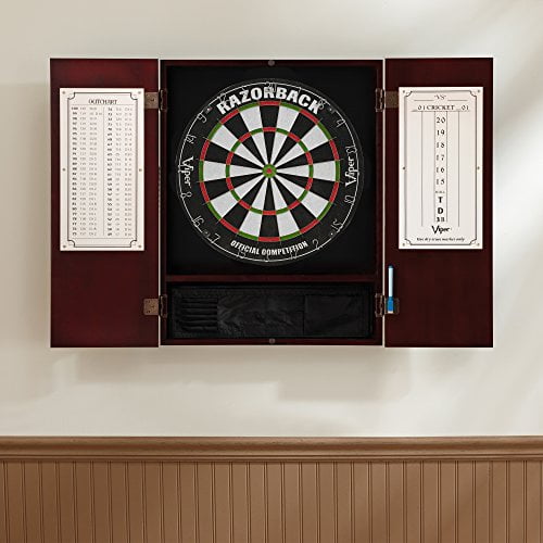 Viper Metropolitan Solid Wood Cabinet & Sisal/Bristle Dartboard Ready-to-Play Bundle: Premium Set (Razorback Dartboard and Darts), Mahogany Finish