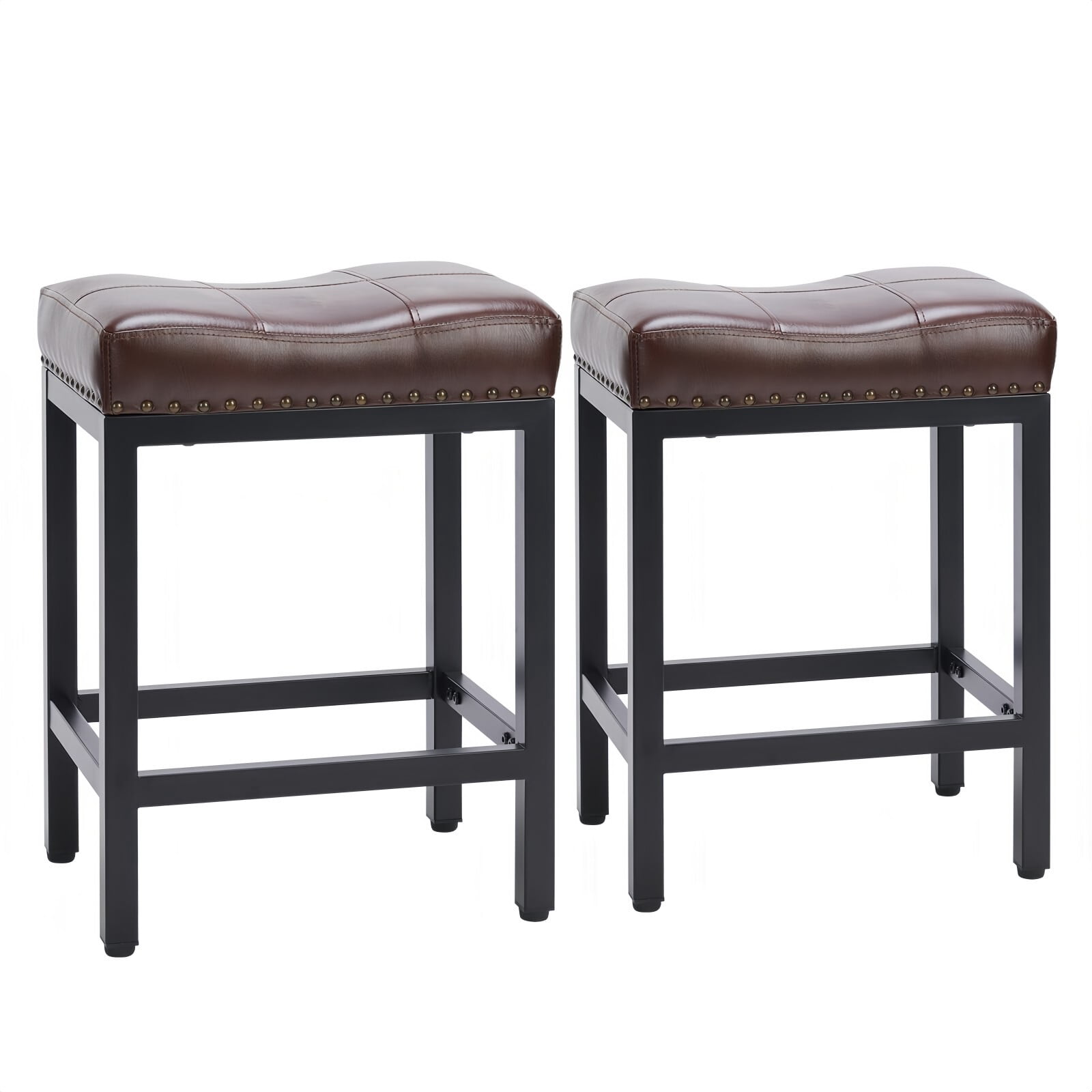 Kelno 24 Inch Saddle Bar Stool Set of 2 PU Leather Counter Stools with Steel Frame and Footrest, Brown