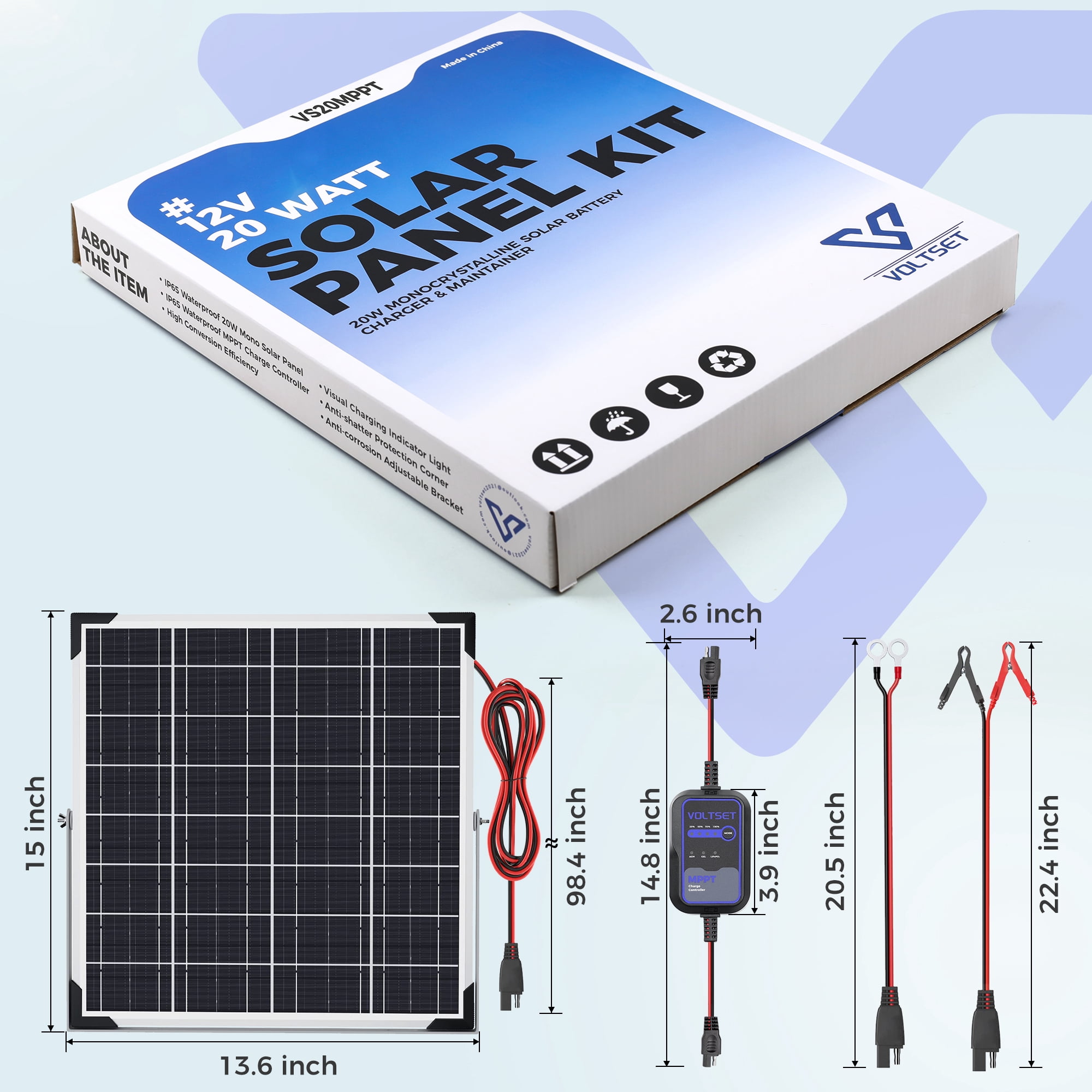 Voltset Solar Panel Kit 20W 12V with MPPT Controller, Solar Battery Trickle Charger Maintainer, Waterproof Solar Panel with Adjustable Mount Bracket for Boat RV Motorcycle Marine