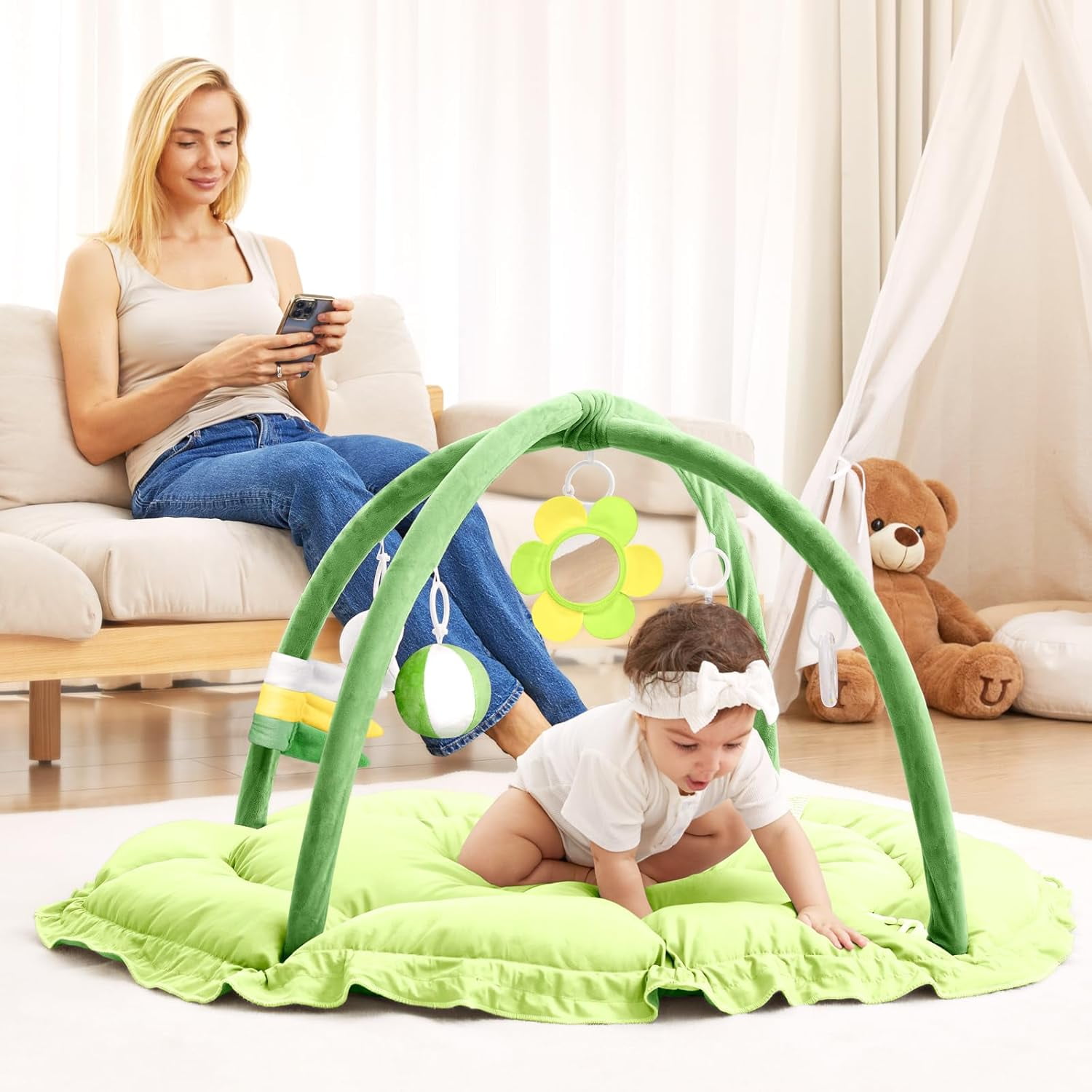5 in 1 Baby Play Gym Mat, Reversible Tummy Time Mat with 5 Sensory Toys for Stage-Based Developmental, Thick & Large Baby Activity Center from Newborn to Toddler (Green)