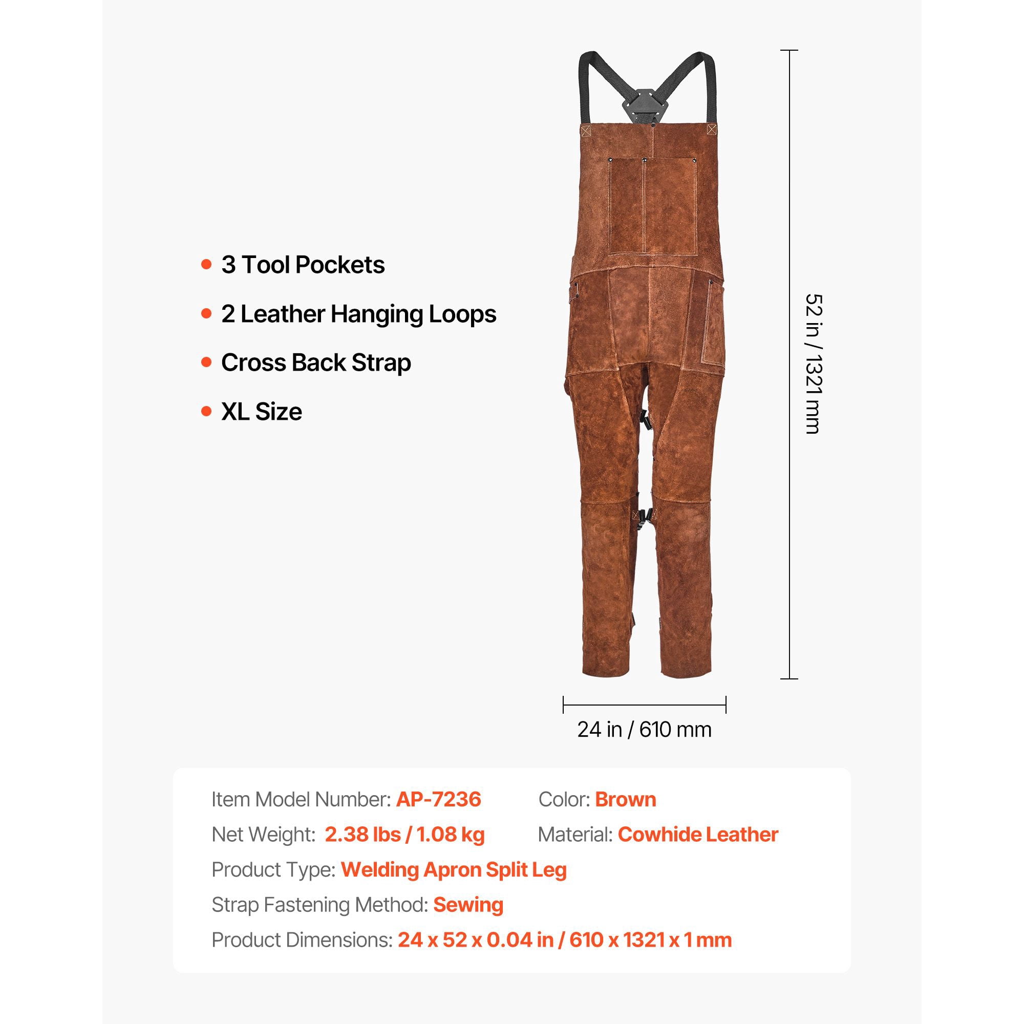 Welding Apron Split Leg, Heavy-Duty Cowhide Leather with Kevlar Thread, 24x52 Inch Full Coverage, 3 Pockets + 2 Leather Hanging Loops, Cross-Back Straps