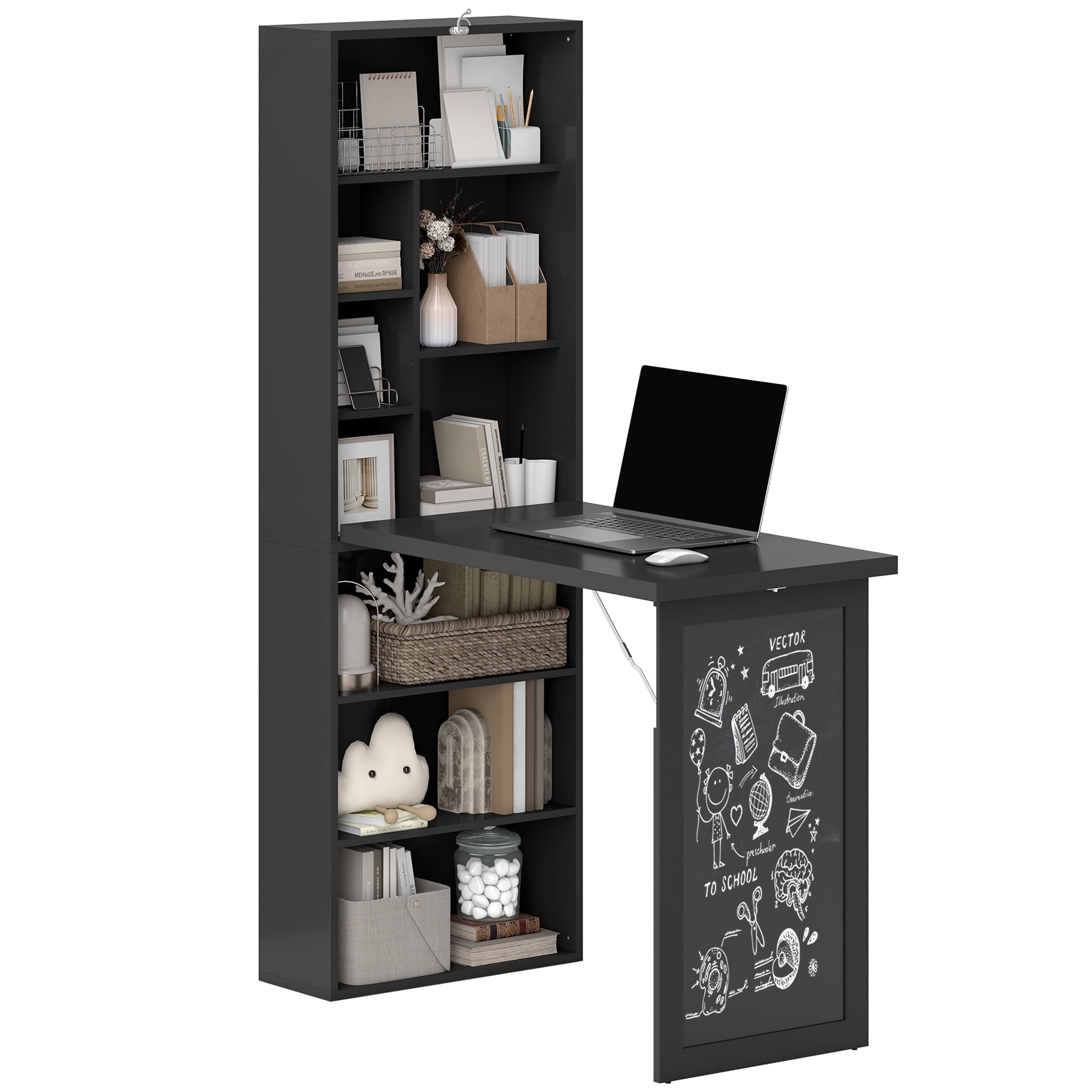 HOMCOM Fold-out Convertible Writing Table, Wall Mount Desk Cabinet with Blackboard and Side Shelf Multi-Function Home Office Workstation, Black