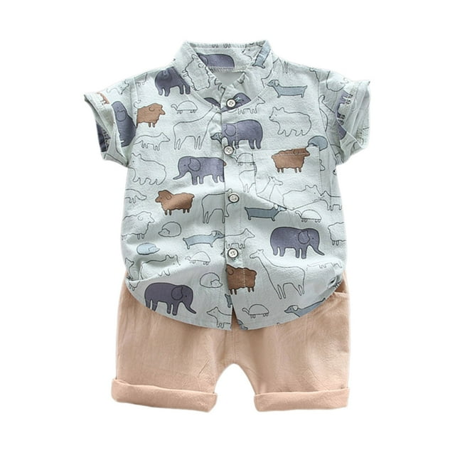 Hiiyo Toddler Boys Shorts Set Cartoon Animal Print Short Sleeve Button Up Shirt Shorts Set
