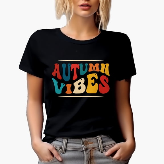 Autumn Vibes, Feelings of Fall Quote, Groovy Retro Wavy Text Merch Gift, Black T-Shirt, Small