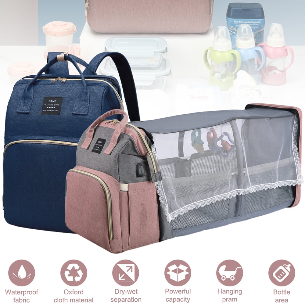 8-in-1 Travel Diaper Bag Backpack with Changing Station, Mosquito Net & Toy Bar - Waterproof, Large Capacity for Baby Girl/Boy