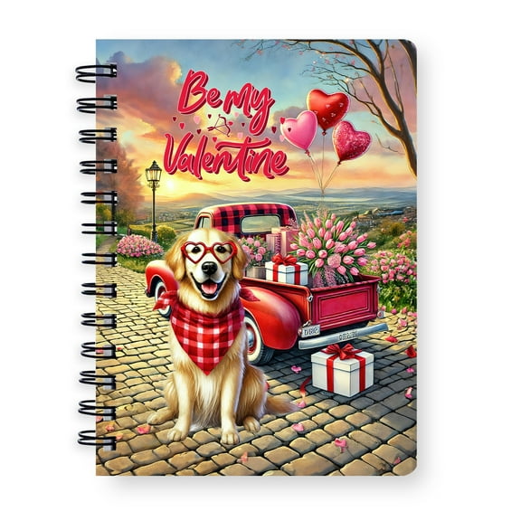 Be My Valentine's Golden Retriever Truck Full of Love Flower Balloon Spiral Bound Journal Goldens Dog Lover Gifts Idea 5x7in Spiral Notebook - 02029