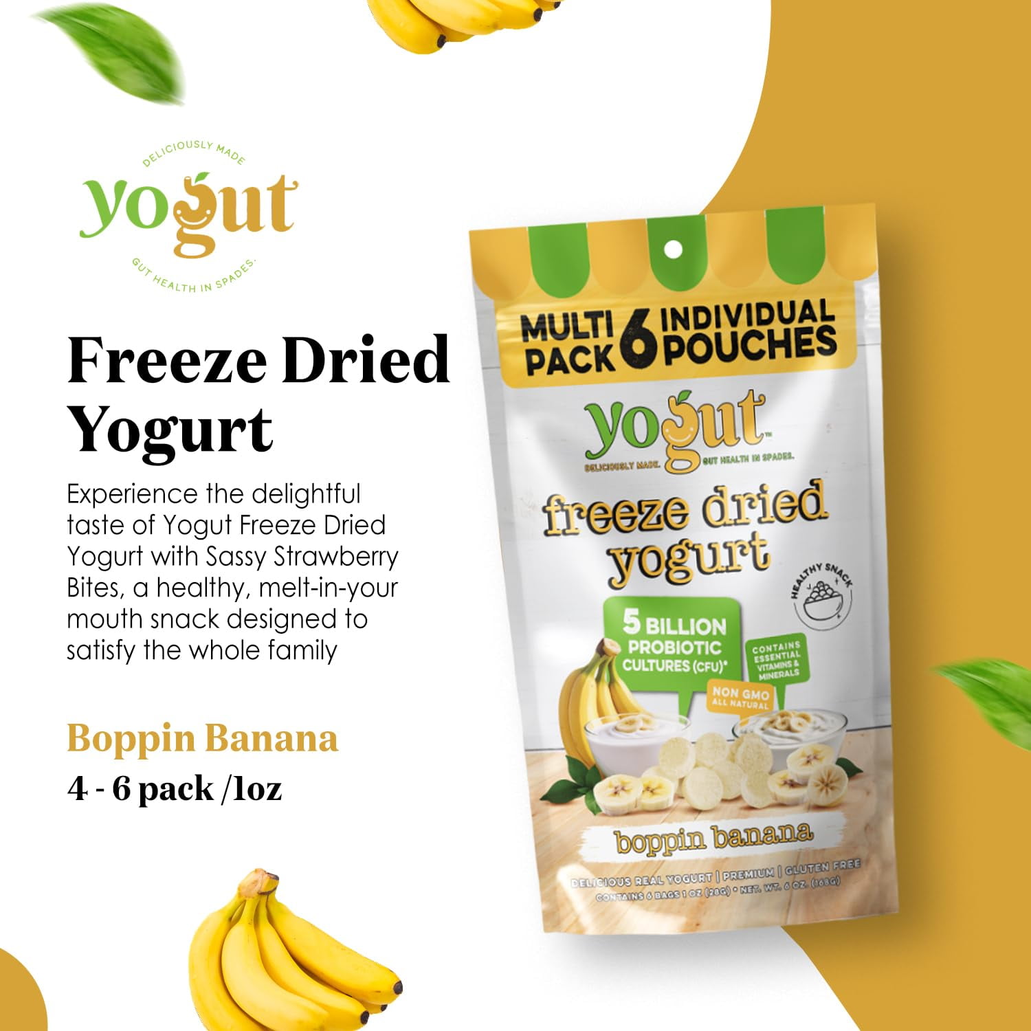 Freeze-Dried Banana Yogurt Bites, 6-pack, Crunchy Texture, Gluten-Free, Non-GMO, with 5 Billion Probiotic Cultures