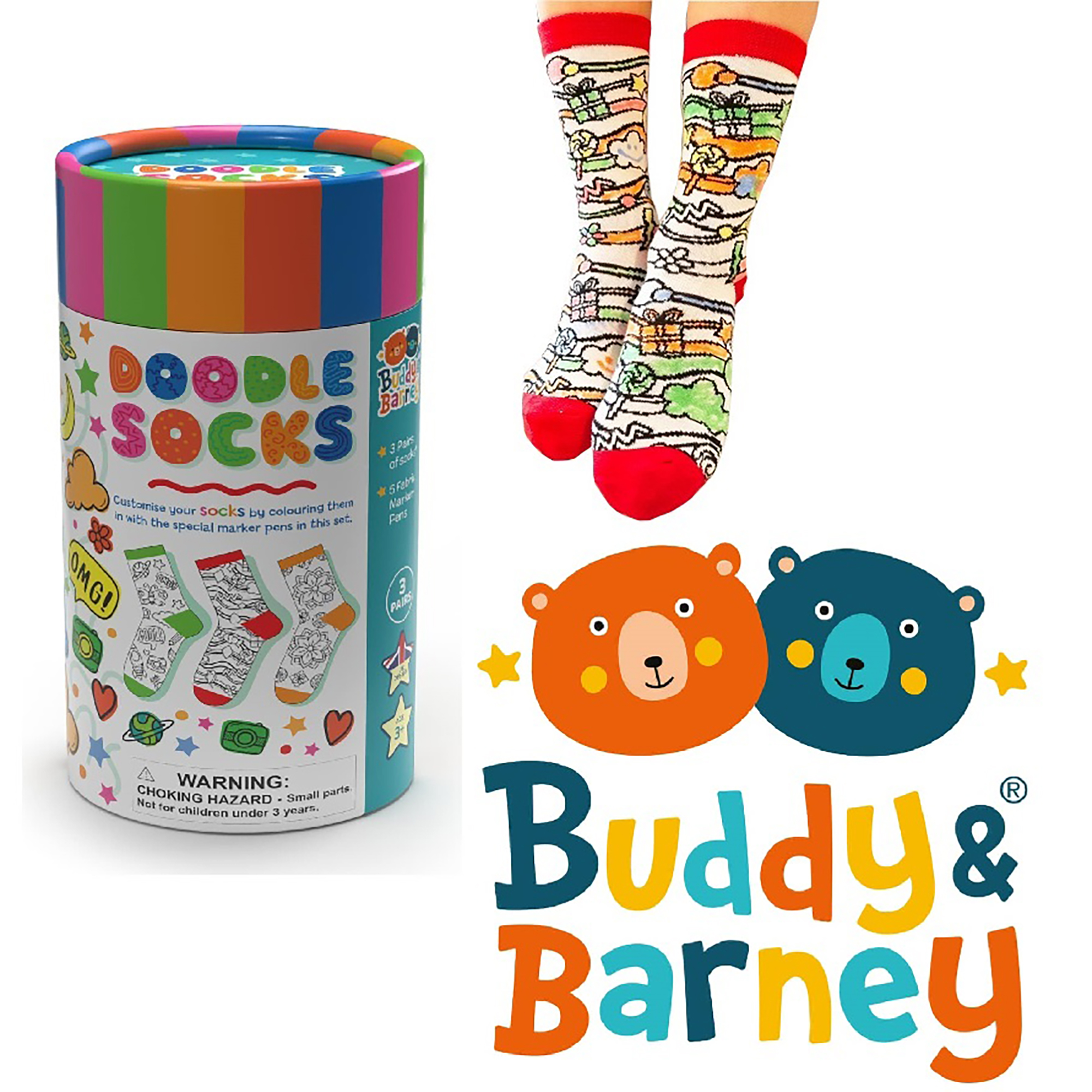 Buddy & Barney: Doodle Socks - DIY Color Your Own Socks Craft Set, Customize 3 Pairs w/ 5 Fabric Markers, Fun Designs & Colors, Art Activity, Kids 3+