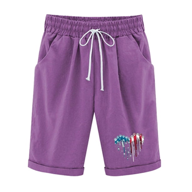 Pantalones Cortos Casuales para Mujer Día de la Independencia Impreso Elástico de la Cintura, Pantalones Cortos de Verano para Mujeres