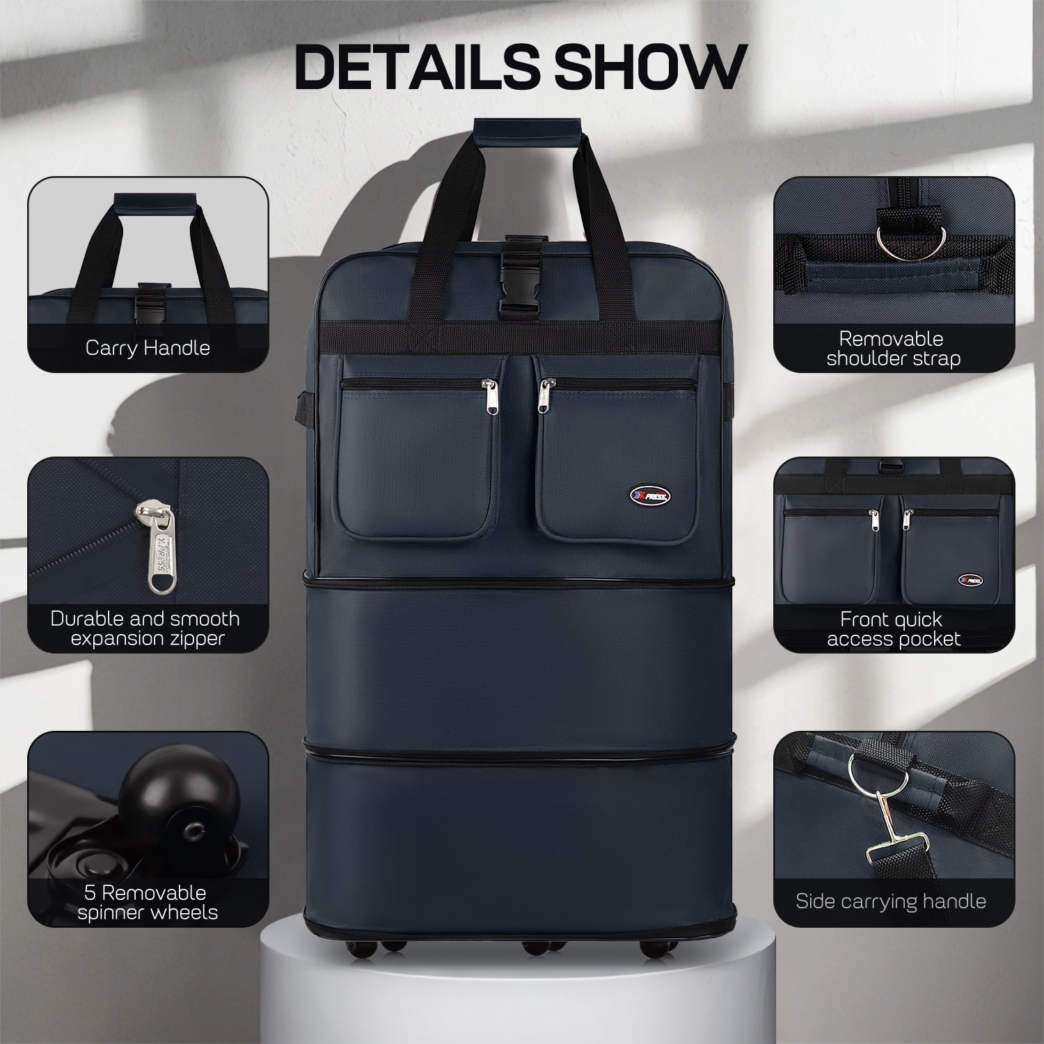 40" Expandable Foldable Luggage Bag Suitcase with 6 Swivel Wheels Collapsible Rolling Travel Bag for Home Storage Moving,Blue - EX