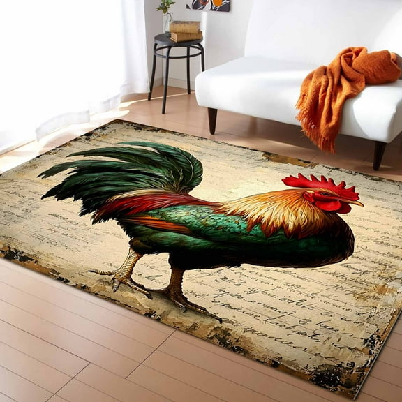 Area Rugs Indoor Non-Slip Rectangle Rug 5x8 Ft Retro Rooster Country Animal Newspaper Backdrop Rug Rubber Backing Floor Mats Non Shedding Home Decor Carpet for Entryway Living Room