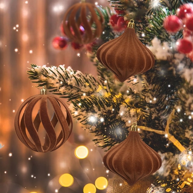 xihome Juego de 2 bolas navideñas flocadas para decorar el rbol, 10 cm, rojas, marrones y blancas. Ideales para fiestas, bodas y como regalo.