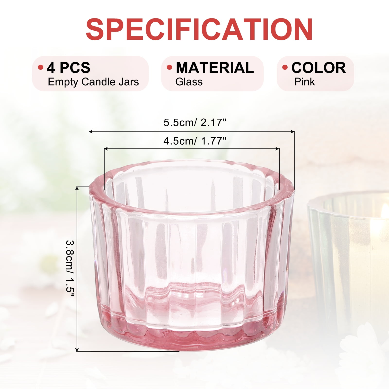 Uxcell Glass Empty Candle Jars, 4 Pcs Ribbed Candle Containers for Candle Making, DIY Gifts, Home Decor, Storage, Pink