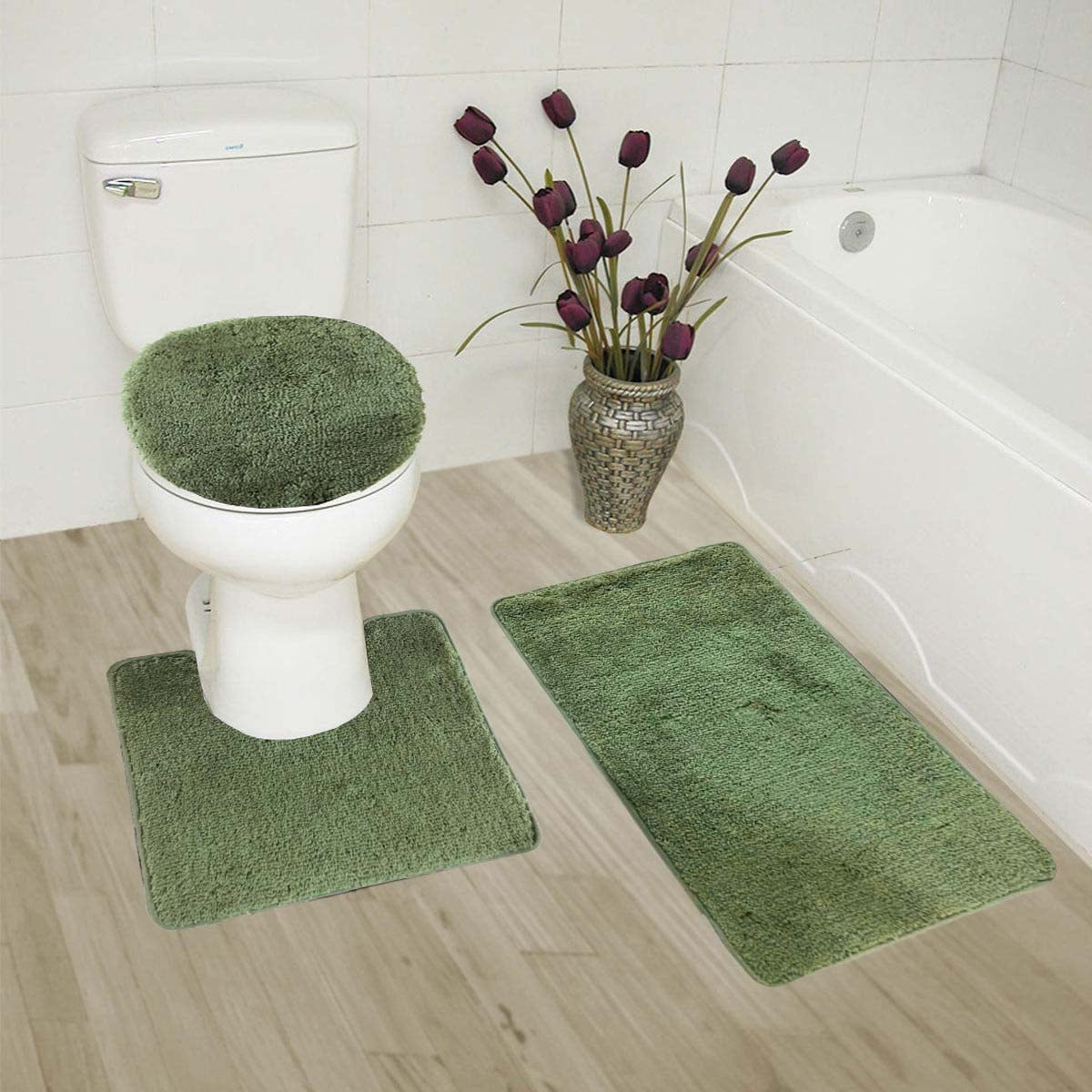 3 Piece Bath Rug Set  Bathroom Mat Contour Rug Lid Cover Non Slip Green 