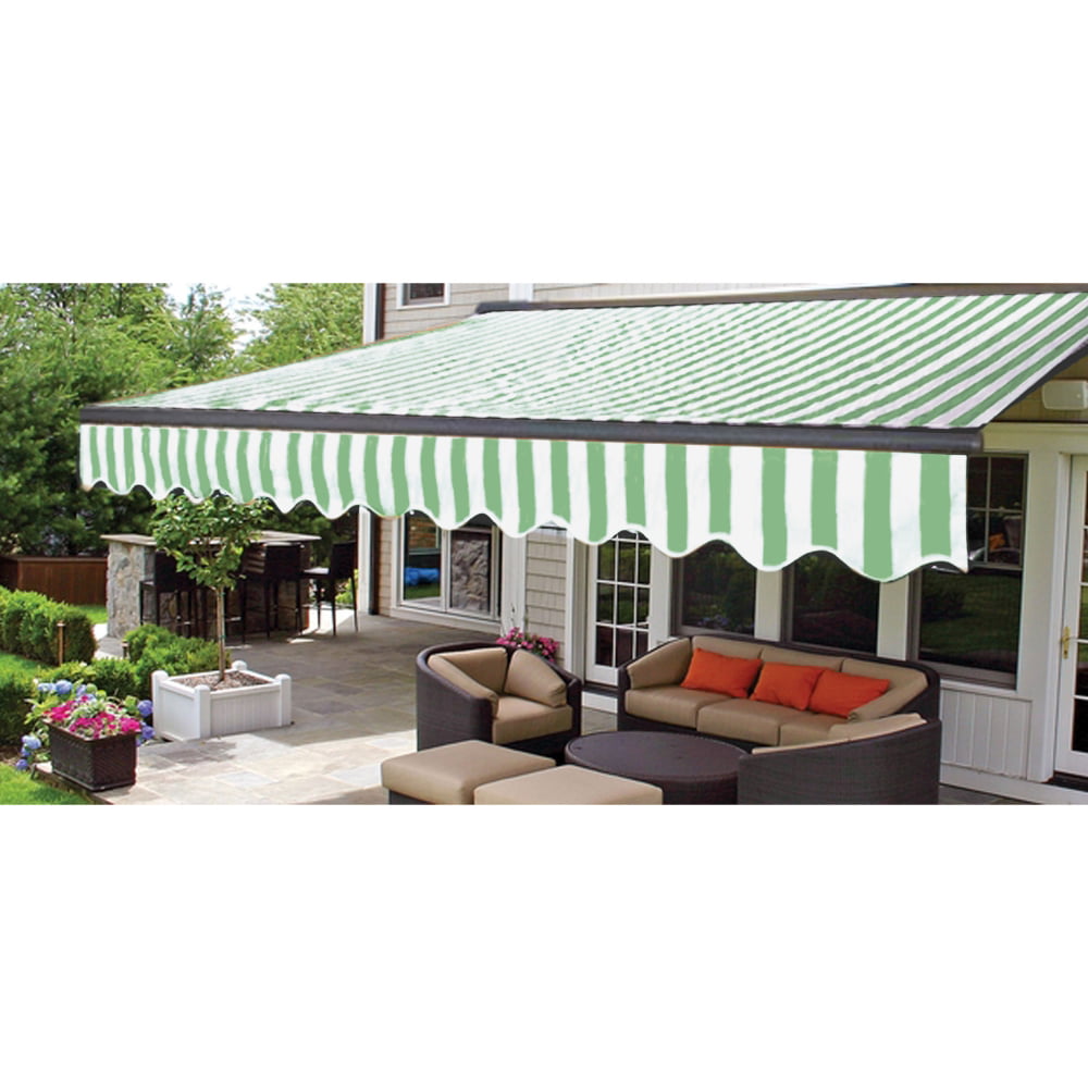 ALEKO Retractable Patio Awning 12 X 10 Ft Deck Sunshade Green and White Stripe 