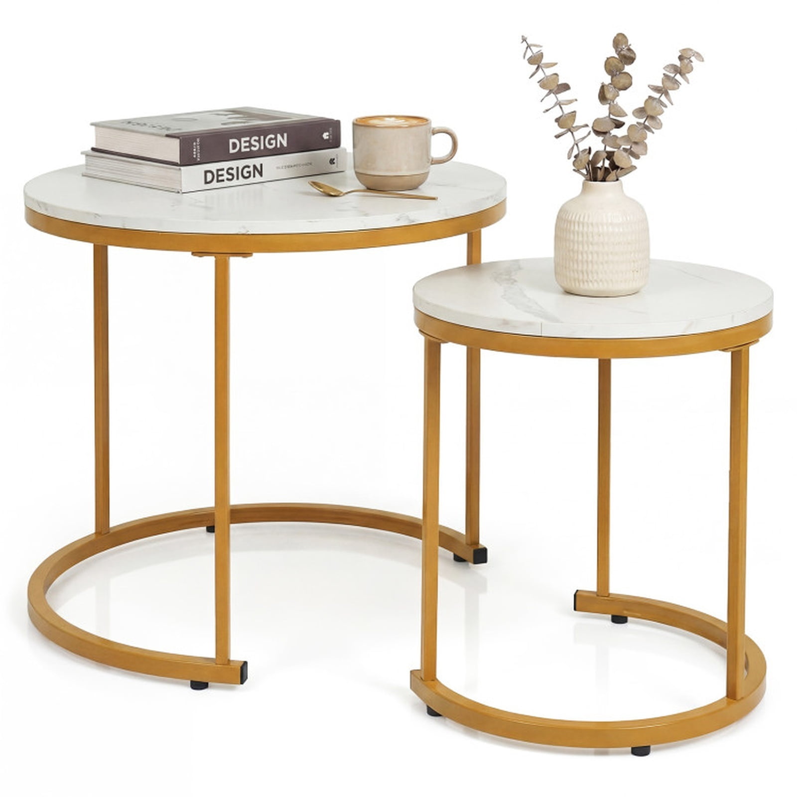 Furnibear Set of 2 Modern Round Stacking Nesting Coffee Tables with Powder Coated Steel Frame for Living Room and Bedroom, Gold