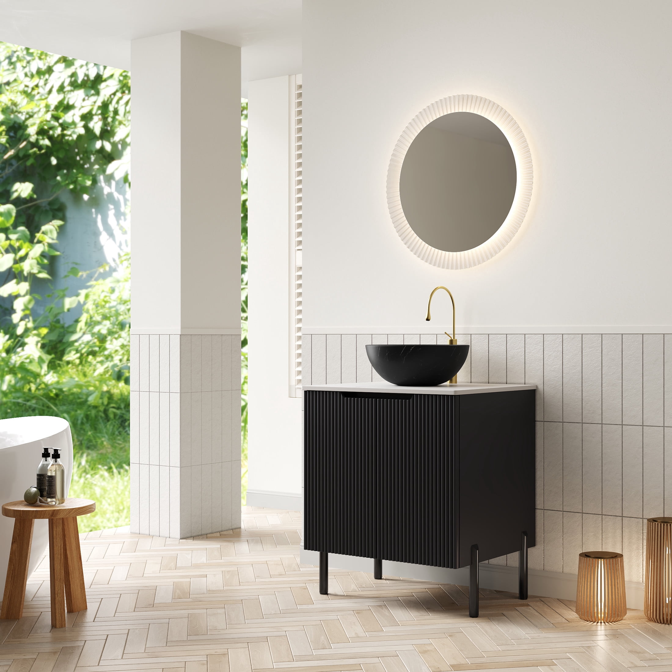 Noble House TURIO 24" Bathroom Vanity with Sintered Stone Countertop, Storage Cabinet, Black Bowl Basin, Black