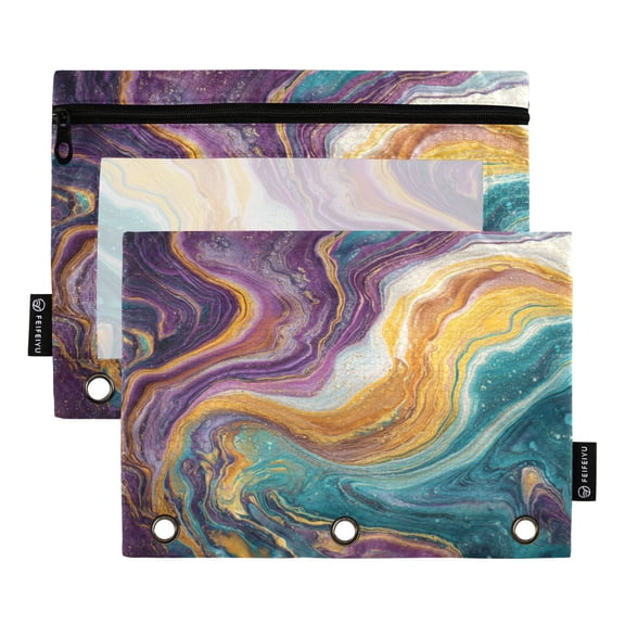 2 Pack 3 Ring Binder Pouch with Clear PVC Window Water Resistant Zipper Pencil Pouch Marble Veins in Various Colors Binder Pocket for Classroom Office Home Stationery Organization
