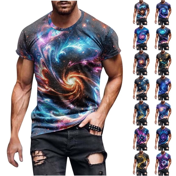 LODIENY Mens 3D Galaxy Space Novelty T-Shirts Casual Tie Dye Gradient Color Print Summer Short Sleeve Crew Neck Tees Tops Lightweight Comfy Workout Athletic Tshirts Blue#02 XXXL