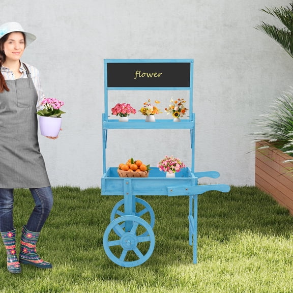 Large Flower Cart Plant Stand with Chalkboard and Wheels, Dessert Candy Cart, Country Market Flower Cart Display Stand for Potted Plants, Home Decor, Small Spaces, Blue
