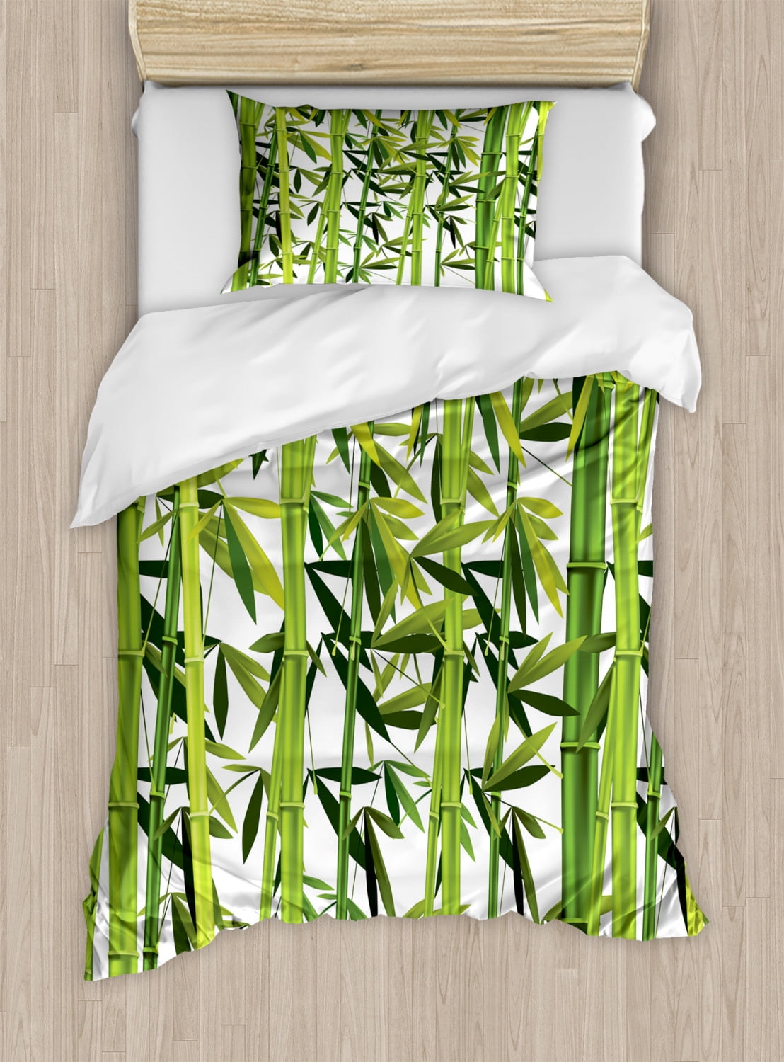 Bamboo Duvet Cover Set Twin Size, Fresh Green Plant with Leaves in Zen