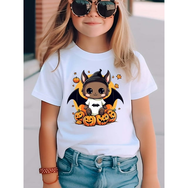 Halloween T-shirt - White Short Sleeve Knit Top with Black Wings & Pumpkins Design, Regular Fit Casual Summer Tee, Slight Stretch, Perfect for Halloween Celebrations, Halloween Shirts