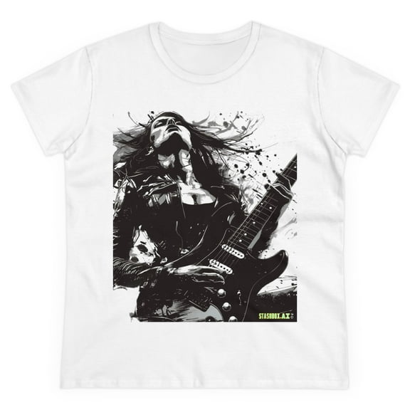 Women's Midweight Cotton Tshirt Girl Guitarist Rocking 001