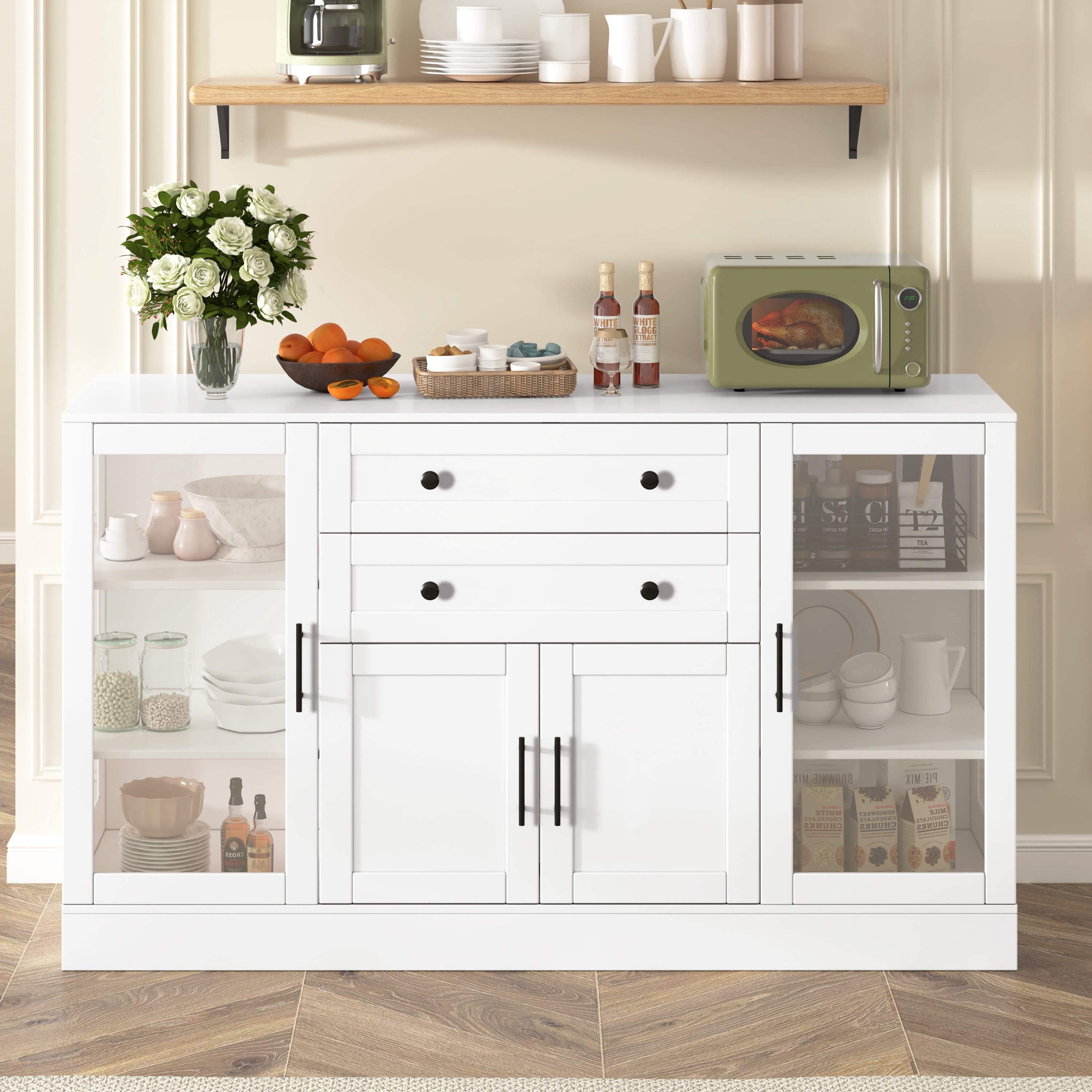 Euroco 58.3" Sideboard Buffet Cabinet with 2 Drawers, Modern Coffee Bar with Adjustable Shelves, Power Outlet & 4 Doors,Credenza Storage Cabinet for Dining Room, Living Room,White