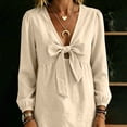 thumbnail image 5 of Womens Bow Tie Cotton Linen Babydoll Tops Casual Trendy Lightweight Long Sleeve Fall French Style Blouse Beige 2XL, 5 of 6