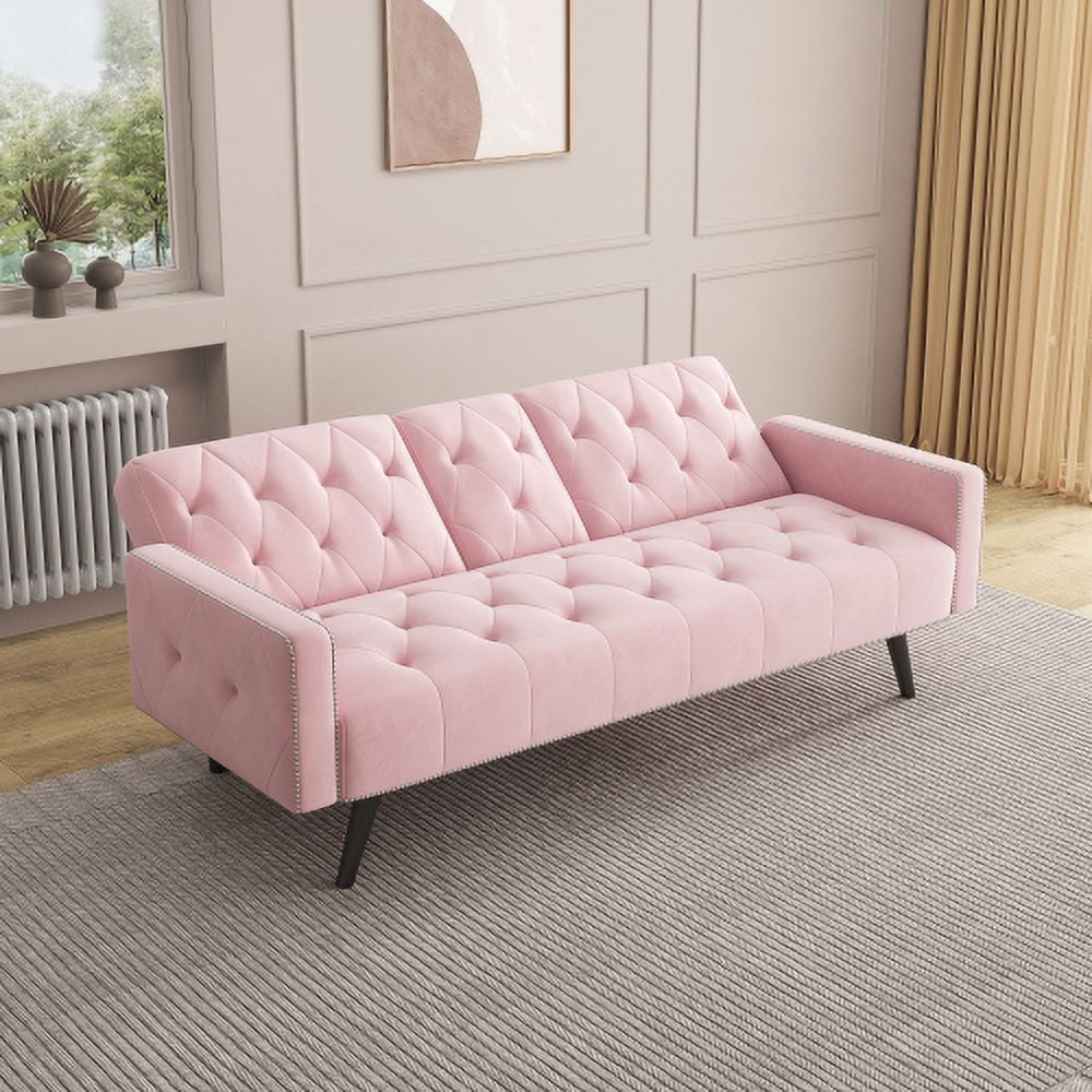 72" Velvet Convertible Sofa Bed with Cup Holders & Nailhead Trim, 3-in-1 Sleeper for Small Spaces, Pink