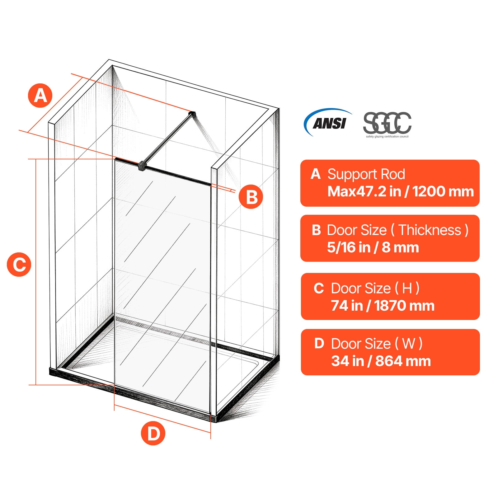 KFFKFF Fixed Glass Shower Panel, 34 x 73.6 in Full-Framed Shower Screen, 5/16 in Thick Clear Tempered Glass with Bottom Seal Strip and Hardware, Easy to Maintain, for Bathroom, Matte Black
