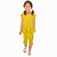 thumbnail image 2 of lkfuzj Casual Girl's 2 Piece Clothing Set Round Neck Solid Color Flutter Sleeve Ruffle Tops and Elastic Waist Cropped Trousers With bows Fashion Outfits Sets For Girls 1-10 Years Yellow, 2 of 8