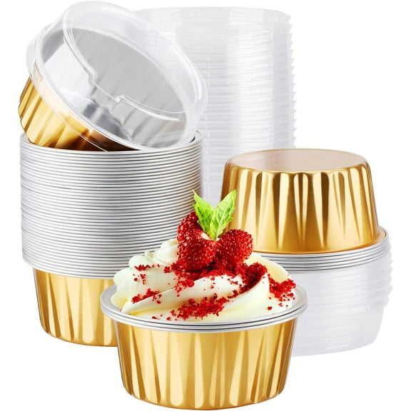 50Pcs Disposable Ramekins with Lids, Aluminum Foil Mini Cake 5 oz, Gold