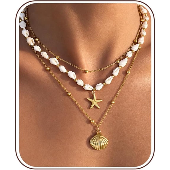 Starfish Seashell Necklace Conch Summer Beach Layered Necklaces for Women Non Tarnish Waterproof 14K Gold Chunky Necklace Stack Dainty Choker Chain Ocean Shell Pendant Charm Trendy Vacation