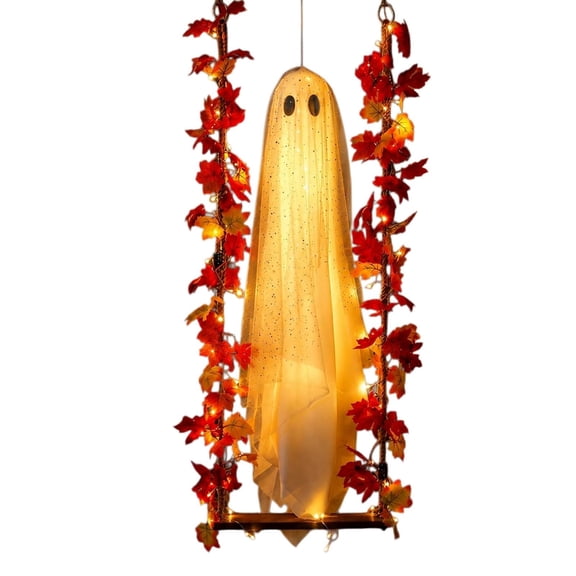 Lighted Swing Fabric Ghost Hanging Ornament, Maple Leaf Garland LED Halloween Decor, Weather Resistant Front Porch Tree Yard Display, Warm Glow Autumn Holiday Indoor Outdoor Hanging Prop