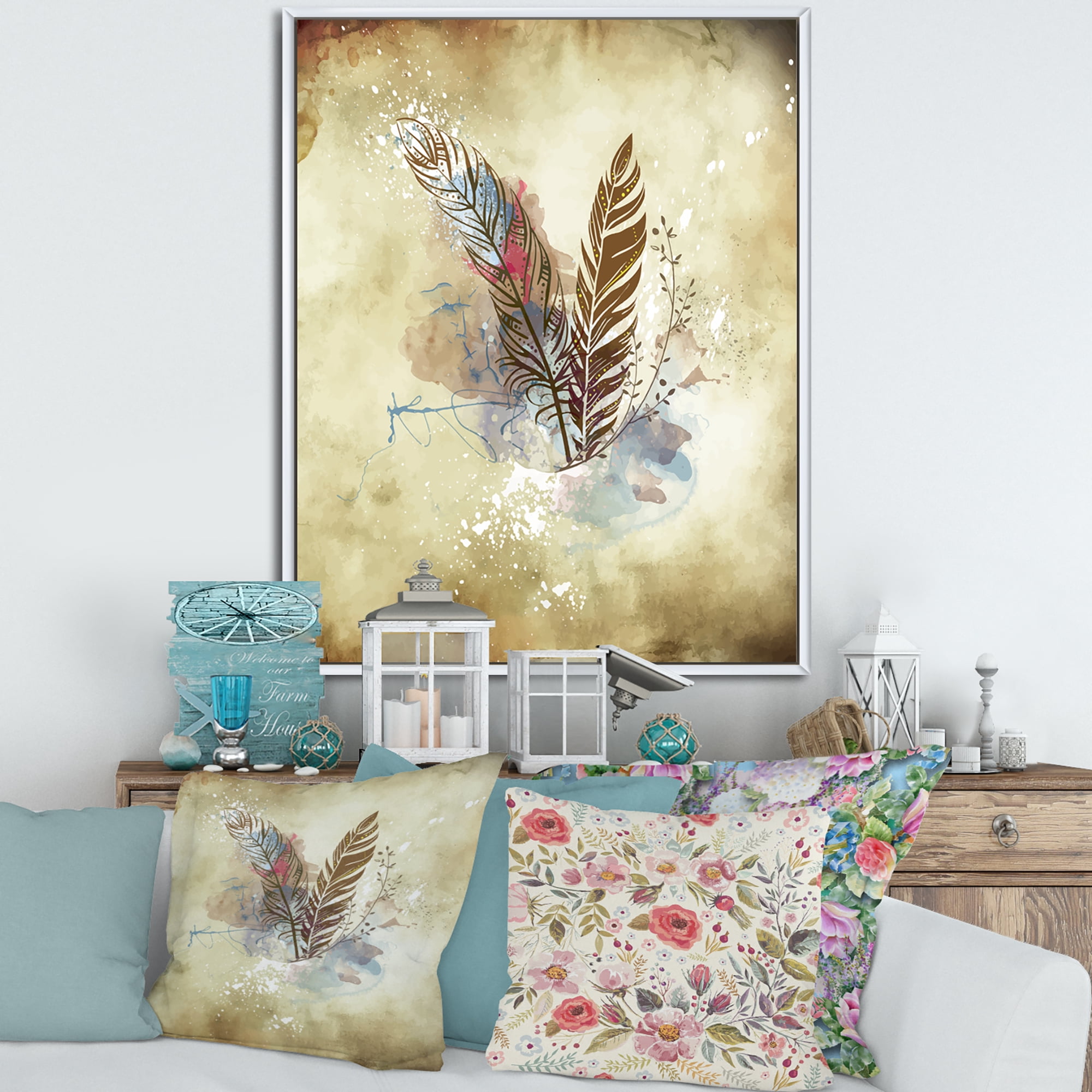 Beige Vintage Flowers 12 in x 20 in Framed Painting Canvas Art Print, by Designart