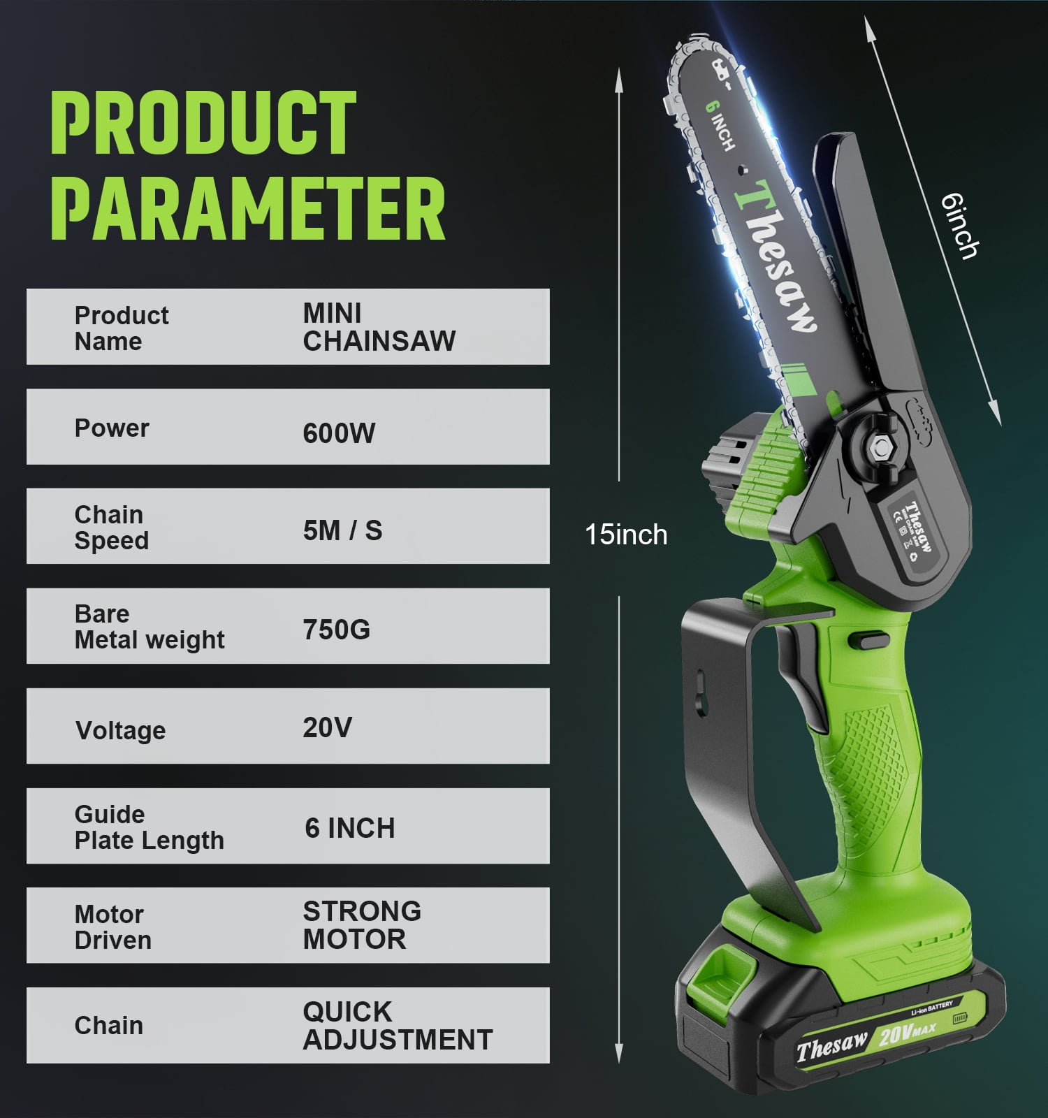 6 Inch Portable Electric Chainsaw, 20 V Battery Powered Chainsaw with Tool-less Chain Tensioning(1 Battery)