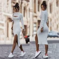 thumbnail image 4 of Vestido Midi acanalado de punto con cuello alto y manga larga para mujer, traje Sexy ajustado, elegante e informal, 4 of 7