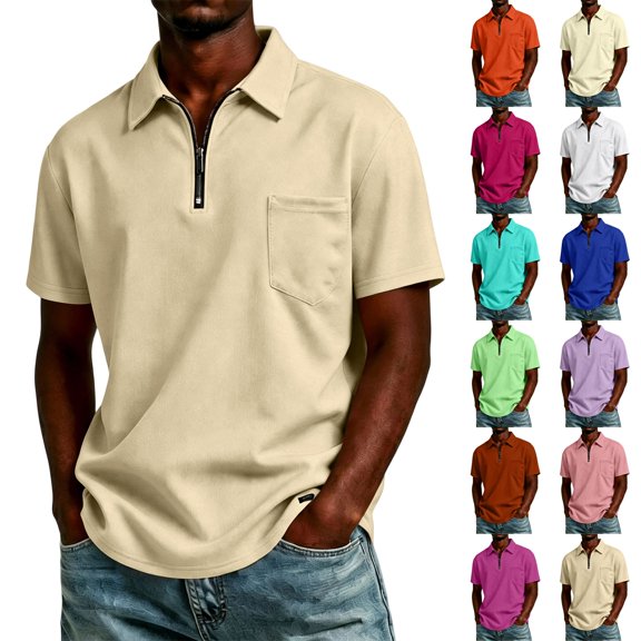Men Half Zip Lapel Short Sleeve Polo Shirt Breathable Casual Chest Pocket Lightweight Solid Color Daily Tops S