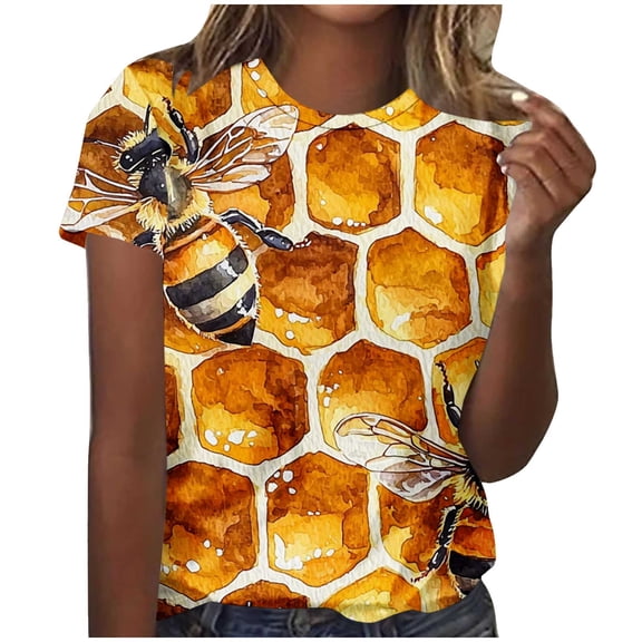 Craaazy Ladies Trendy Bee & Honeycomb Print Crew Neck T-Shirt, Short Sleeve Casual Top for Spring & Summer Gifts