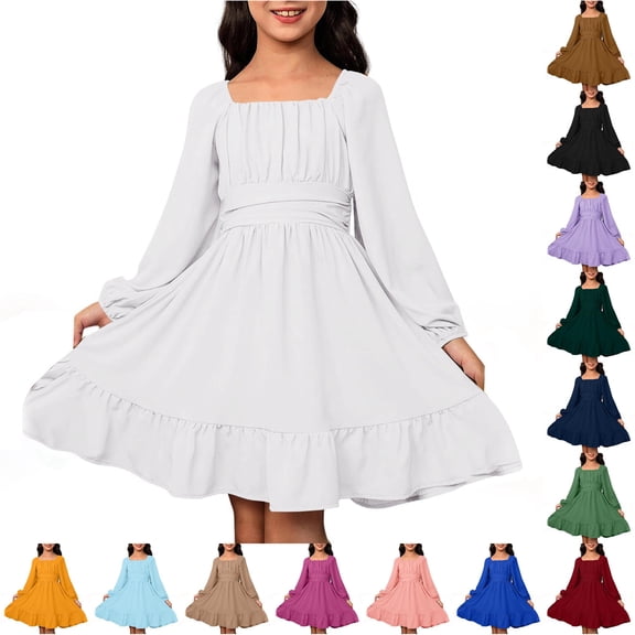 SUXIAN Girls Summer Dress Casual Long Sleeve Backless Gown with Waist Tie Outdoor Spring Fall Toddler Dresses White 10-11 Years