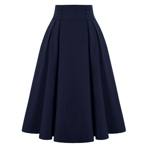 Zunfeo Pleated Skirts for Women High Waist A-Line Midi Skirts for Daily Office Navy Size S