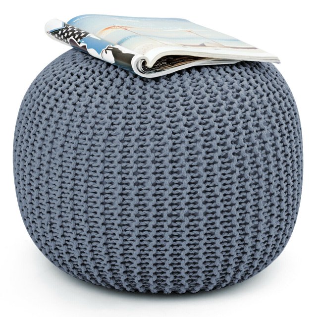 Gymax Pure Cotton Pouf Floor Ottoman Hand Knitted Footrest Cable Style Home Grey