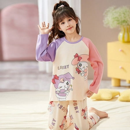 

Kawaii Sanrio Hello Kitty Y2k Long Sleeve Pajamas Anime Cinnamoroll My Melody Kuromi Kids Summer Cotton Sleep Shirt Home Wear